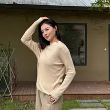 リネン混半高ネックニットシャツ【長袖・カジュアル・ベーシックデザイン】