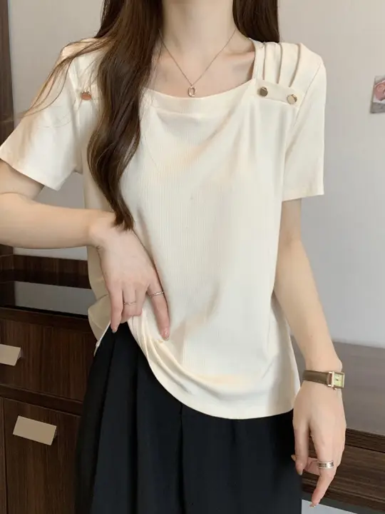 大きいサイズのボクシング襟半袖Tシャツ【夏用・ゆったりシルエット・お腹隠しデザイン】