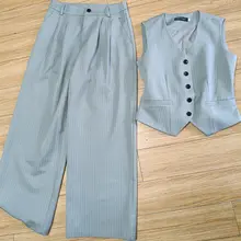 ストライプデザインの女性用ビスチェとワイドパンツ【カジュアル通勤・春夏用】（セットアップ対応）