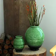 翡翠グリーンの粗陶花瓶【リビング用・レトロデザイン・インテリア装飾】