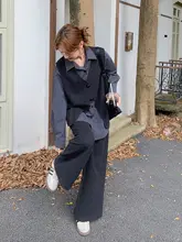 黒ストライプのシャツベストとカジュアルパンツ【春秋・通勤・三点セット】（セットアップ対応）
