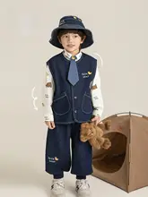 春季向け 幼児用デニムベスト＆シャツ【シンプルなアルファベット・ボタン付き・カジュアル】（セットアップ対応）