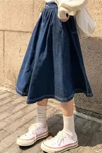 高腰デニムスカート【Aライン・膝丈・レトロデザイン】