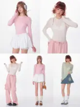 春夏用 薄手レトロリボン付きニット長袖トップス【フィット感・半透け】