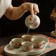 高級 芙蓉花デザインの茶具【汝窯風・ギフト向け・女性用】（セットアップ対応）