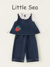 デニム 3点セット キッズ ガールズ フレンチ風 ヴィンテージ おしゃれ いちご刺繍 ベスト ブラウス パンツ 秋