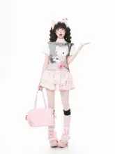 ドット柄リボンデザインの夏用ショートスリーブTシャツ【女性用・ストレートシルエット】