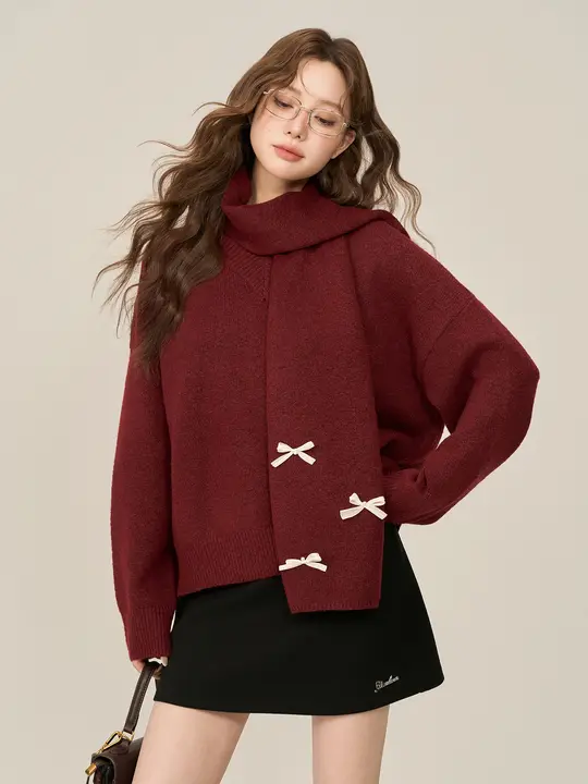 秋冬用 デザインニットセーター【赤・リボン付き・クリスマススタイル】