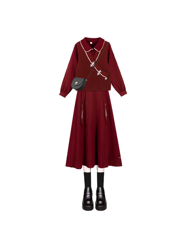 新中式国風紅色ワンピース【春用・シャツドレス・お祝い向け】