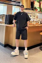 夏用 ヒップホップスタイル アメリカンストリート アルファベットプリント Tシャツ＆ショートパンツ【丸首・カジュアル】（セットアップ対応）