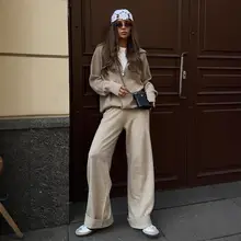 ジッパー付きカーディガンニットとワイドレッグパンツ【秋冬用・シンプル・スリムフィット・ルーズスタイル】（セットアップ対応）