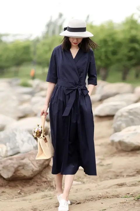 全棉製のフェミニンワンピース【春夏用・ゆったりデザイン・ジャケット風・フレンチスタイル】