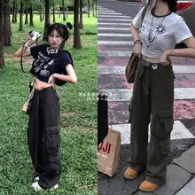 アメリカンレトロデザイン多ポケットカーゴパンツ【ハイウエスト・ワイドレッグ・小柄対応】（セットアップ対応）