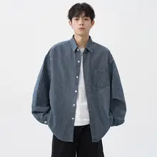 春秋用 メンズ ヴィンテージ風ウォッシュデニムストライプ長袖シャツ【フィット・カジュアル】