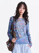 FUNシリーズの趣味プリント波型フリル短袖Tシャツ【レディース・メッシュ・春夏用】