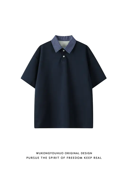 夏用レトロチェック柄ポロ襟半袖Tシャツ【ユニセックス・ゆったりデザイン】