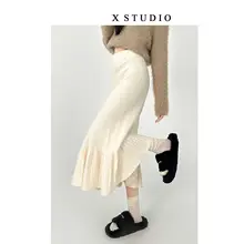 ニット素材のロングスカート【秋冬用・大きいサイズ・ベージュ・ゆったりしたシルエット】（セットアップ対応）