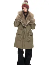 ビンテージ風 大フード付き中長丈コットン混ダウンコート【女性用・極上の柔らかさ・レトロデザイン】