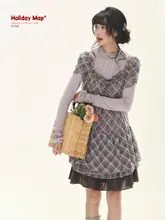 復古風フリル裾のスクエアネックチェック柄シャツワンピース【春向け・女性用】