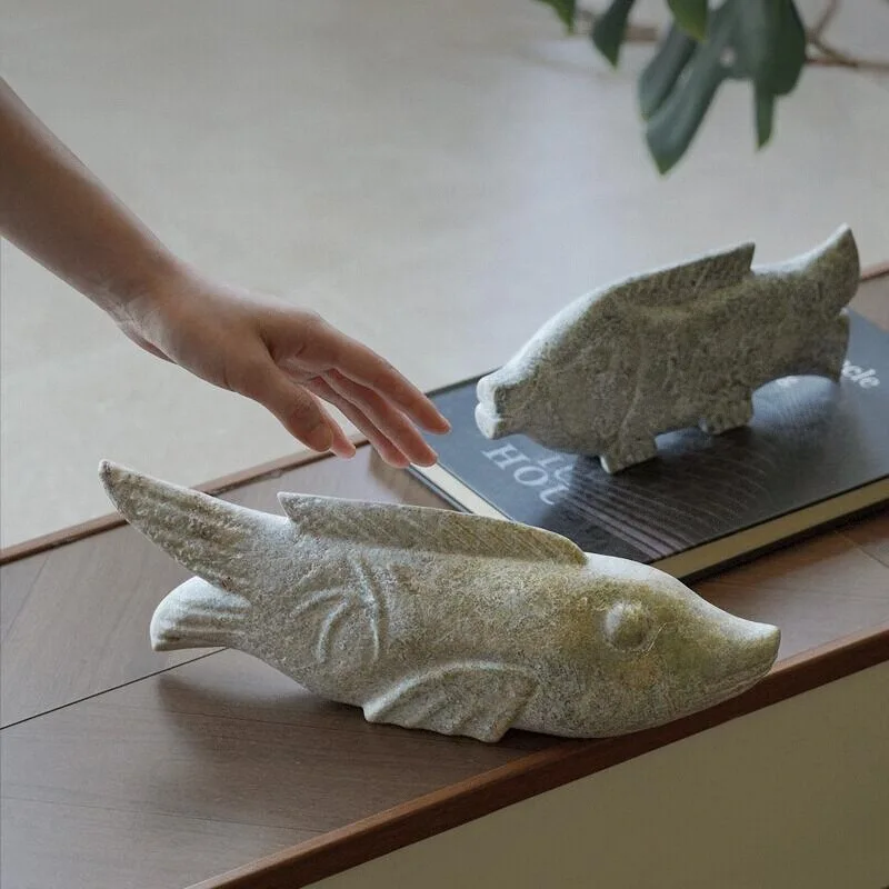 栗石風の玉石風の小魚の置物【中華風・リビングデコレーション】