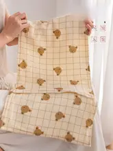チェック柄のクマ柄子供用綿製ガーゼタオル【全棉・洗顔・手拭き用】