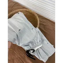 リボン付きストライプ柄ルームパンツ【高腰・カジュアル・ゆったりサイズ】（セットアップ対応）
