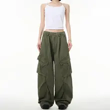 ユニセックス復古風デザインワークパンツ【ゆったりシルエット・ストレート・皺加工】