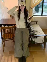 ハイウエストカジュアルカーキカラーのワイドレッグデニムパンツ【春用・スリムストレート・ロング丈】（セットアップ対応）