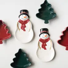 高級陶器製 雪だるまデザインのプレート【クリスマス限定・レトロスタイル】