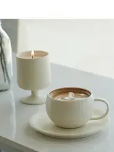 WENSHUO 陶製コーヒーカップとソーサーセット【クリーム色・シンプルデザイン・オフィス用】
