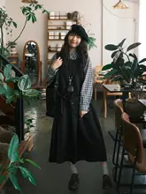 黒色の背心風ワンピース【無袖・ラウンドネック・重ね着スタイル・大学風】（セットアップ対応）