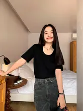 白色 Uネック 半袖 Tシャツ 女性 夏用 ゆったりとした コットン