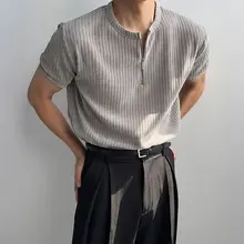 浅灰色ハーフジップニット半袖Tシャツ【通気性・肌触りの良さ】
