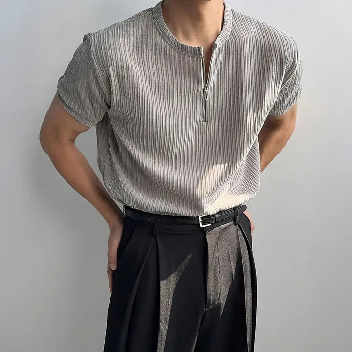 浅灰色ハーフジップニット半袖Tシャツ【通気性・肌触りの良さ】