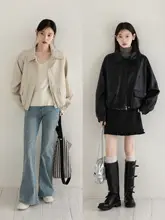 アメリカンレトロデザインのゆったりフィット レザーコート【女性用・黒・翻領・春秋用】