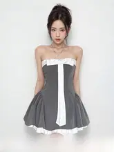 グレーのリボン付きビスチェドレス【Aライン・ウエストシェイプ】