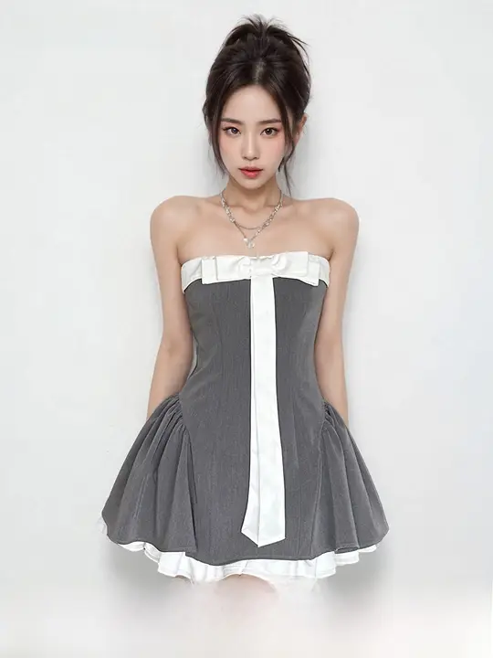 グレーのリボン付きビスチェドレス【Aライン・ウエストシェイプ】