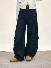 高腰多ポケットデニムワイドパンツ【春秋用・カジュアル・女性用】（セットアップ対応）