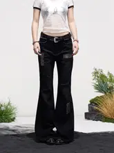 フレアパンツ レディース デニム リベット パッチワーク ブラック スリム 着痩せ アメカジ ヴィンテージ「ONLPP」