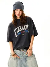 美式ウォッシュ加工文字プリント半袖Tシャツ【レトロ・夏用・ゆったりシルエット】