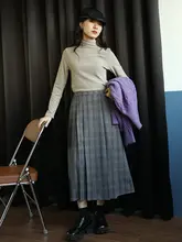栗色チェック柄ハイウエストスリムフィットスカート【レトロ風・中長丈・秋冬用】（セットアップ対応）