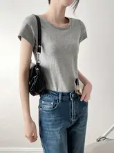 胸パッド付き伸縮性ラウンドネック短袖Tシャツ【レディース・夏用・薄手・コットン・ホワイト】