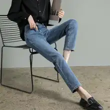 春夏用 レディース浅青色ストレートデニムパンツ【ハイウエスト・ゆったり・9分丈】