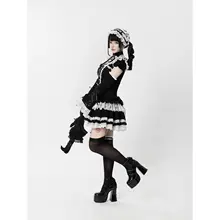 ワンピース レディース ロリータ クラシカルゴシック ドール風 ダーク クロスモチーフ レース ローウエスト ティアード 着痩せ