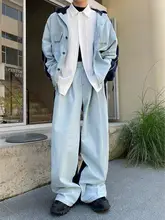 秋季カジュアルデニムパッチワークフード付きジャケット【トレンド・ワイドパンツ・ロング】（セットアップ対応）
