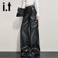 美式ビンテージ工装風PUレザー女性用パンツ【ブラック・バイクスタイル・クール＆カジュアル・ワイドレッグ】