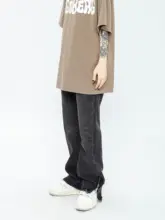 春夏用復古風デニムパンツ【シンプル・フィット・スリットデザイン】