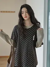 深灰色 ラビット立体プリントドットTシャツ【レディース・春用・長袖・ラウンドネック】（セットアップ対応）