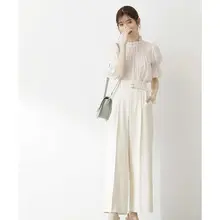 春夏用通勤スタイルのハイセンスなベルト付きフラワーバッグパンツ【ワイドレッグ・九分丈・女性用】