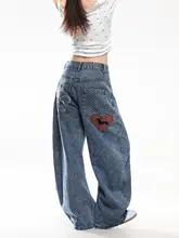 アメリカンスタイルドット柄ハート刺繍デニムパンツ【高腰・フィット・春夏用】（セットアップ対応）